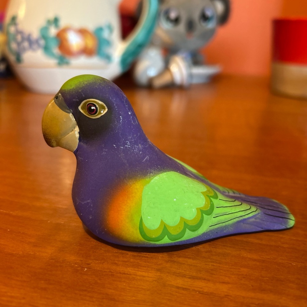 Vintage Miniature Handpainted Parrot purple bird Pottery Signed